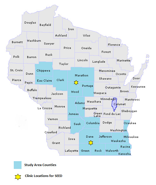 Study Map - Wisconsin counties and clinics